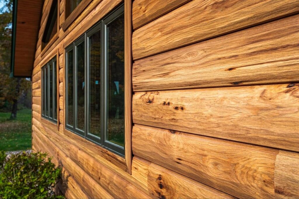 A close up a home exterior wall with TruLog steel log siding in Hickory