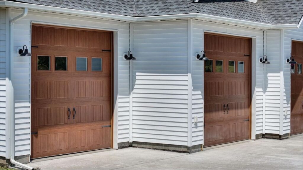 A closeup of a three-car garage with TruLog steel lap siding in Matte White and contrasting wood-look doors.