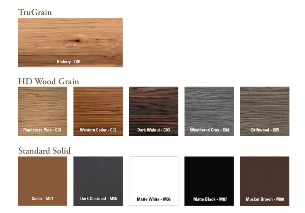 TruLog’s available siding colors and wood grain styles